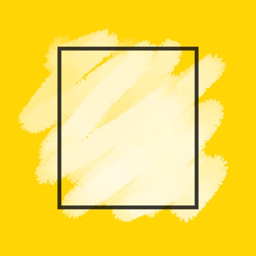 Yellow product banner with black frame and brushstrokes.